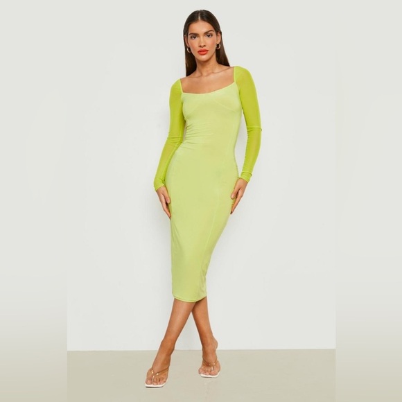 Boohoo Silky Mesh Sleeve Midaxi Women’s Dress Lime Size 10 - Picture 4 of 13